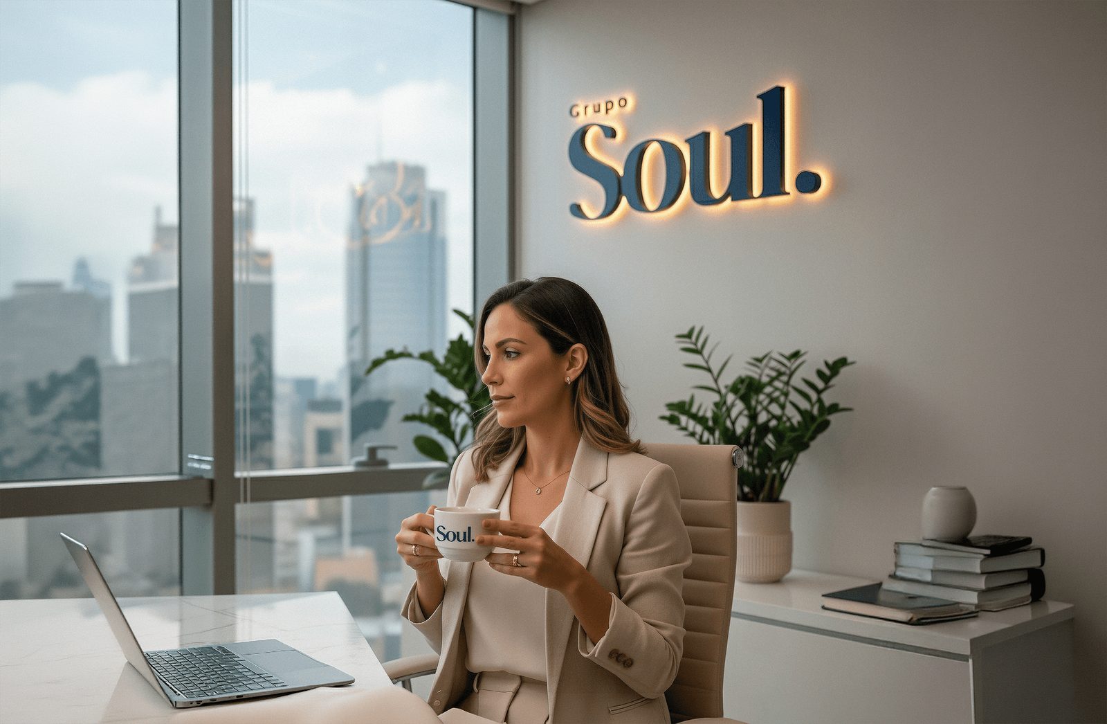 Executiva tomando café em escritório com vista para a cidade e o logo do Grupo Soul iluminado na parede