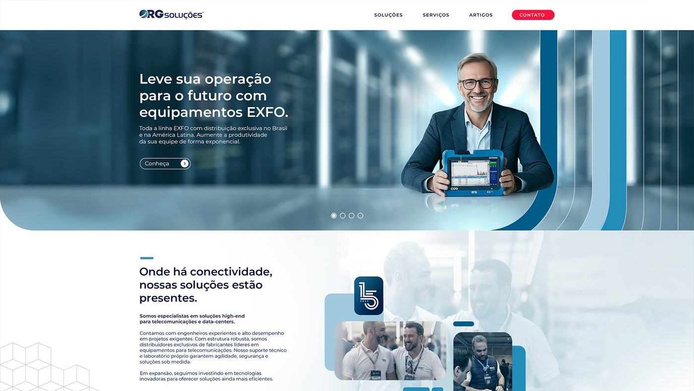Layout de site institucional da RG Soluções com banner sobre equipamentos EXFO